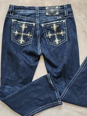 Miss Me Dark Blue Denim Mid Rise Easy Boot Jeans Embroidered Cross Pockets